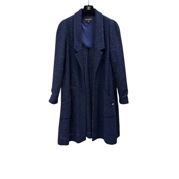 Elegant Chanel Navy Blue Tweed Mid-Length Coat - Size 50 - Picture 5 of 8
